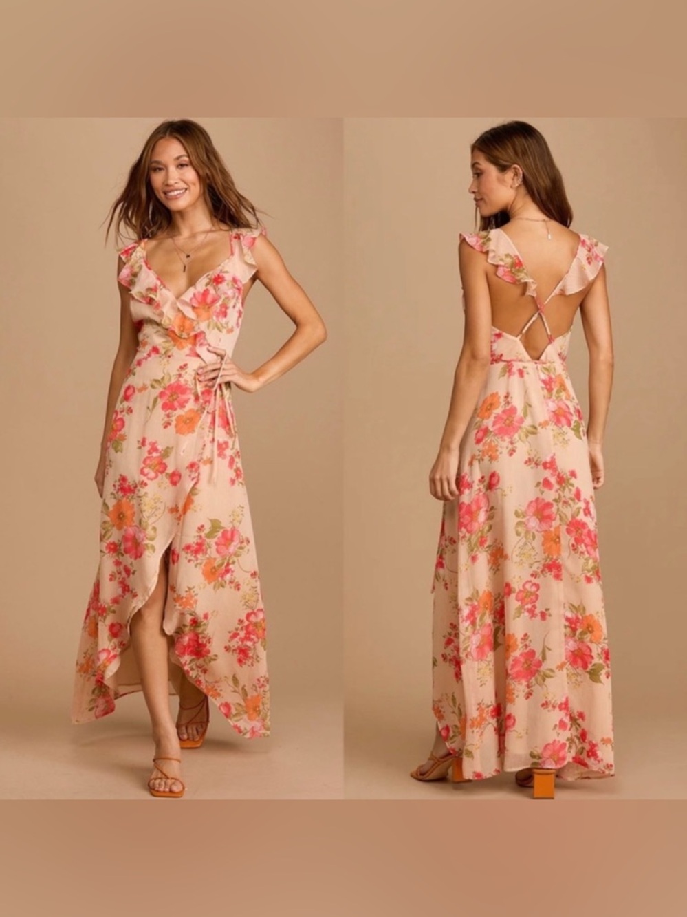 Lulus Womens Large Beige Pink Floral Print Wrap Maxi Dress Sheer Fairy Feminine